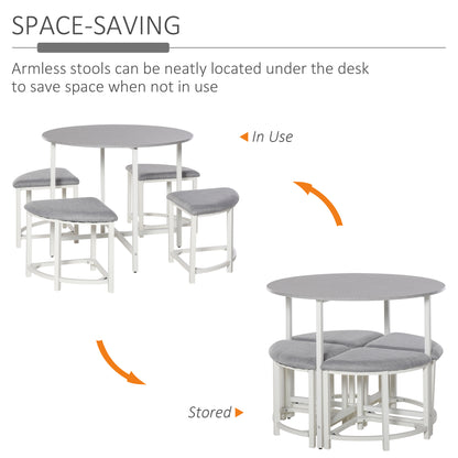 HOMCOM Modern Round Dining Table Set with 4 Upholstered Stools for Dining Room, Kitchen, Grey 