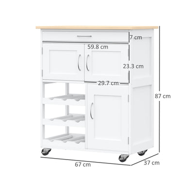 HOMCOM Modern Kitchen Trolley, Rolling Island Storage Cart with Drawer, 9-bottle Wine Rack, Door Cabinets, Wooden Countertop, White 