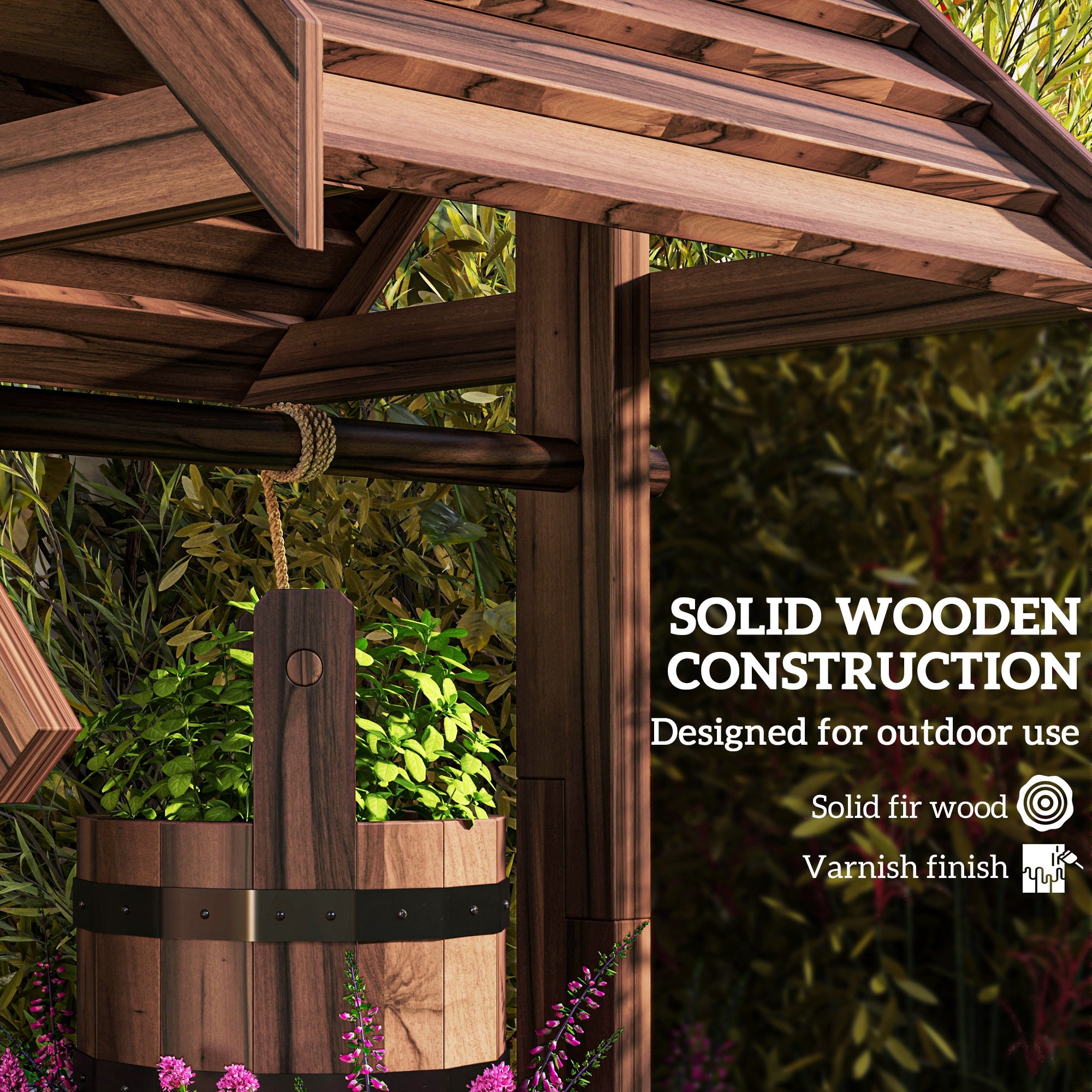 Outsunny Wood Wishing Well for Outside with Hanging Bucket, Wishing Well Planter with Drain Hole for Garden Patio, Carbonized 