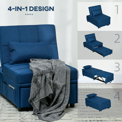 HOMCOM Convertible Chair Bed with Padding Seat, 4-in-1 Multi-Functional Sleeper Sofa Bed, Recliner with Adjustable Backrest, Side Pocket, Wheels and Pillow, for Living Room, Blue 