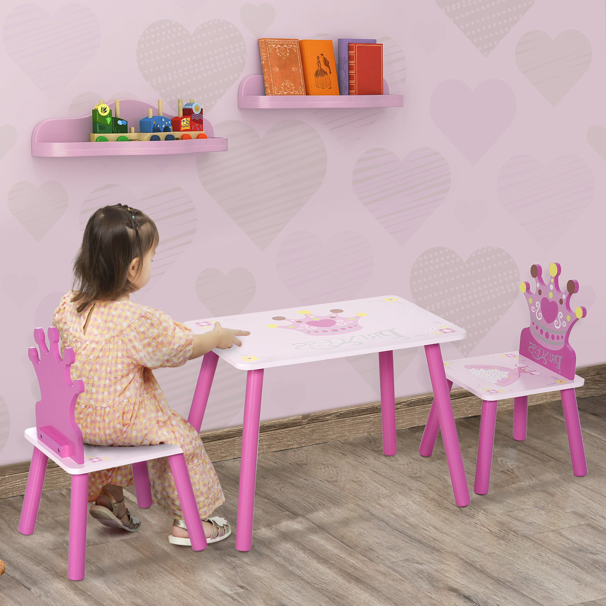 HOMCOM 3 Pcs Kids and Table Chair Set Princess & Crown Theme Home Furniture Pretty Gift 2-4 Years Pink 