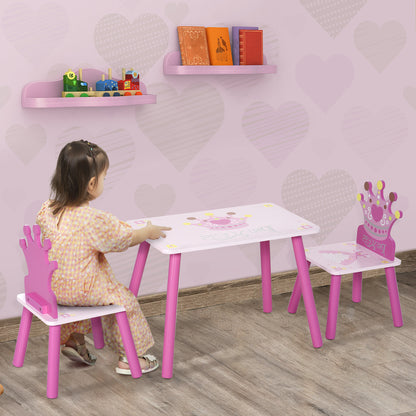 HOMCOM 3 Pcs Kids and Table Chair Set Princess & Crown Theme Home Furniture Pretty Gift 2-4 Years Pink 