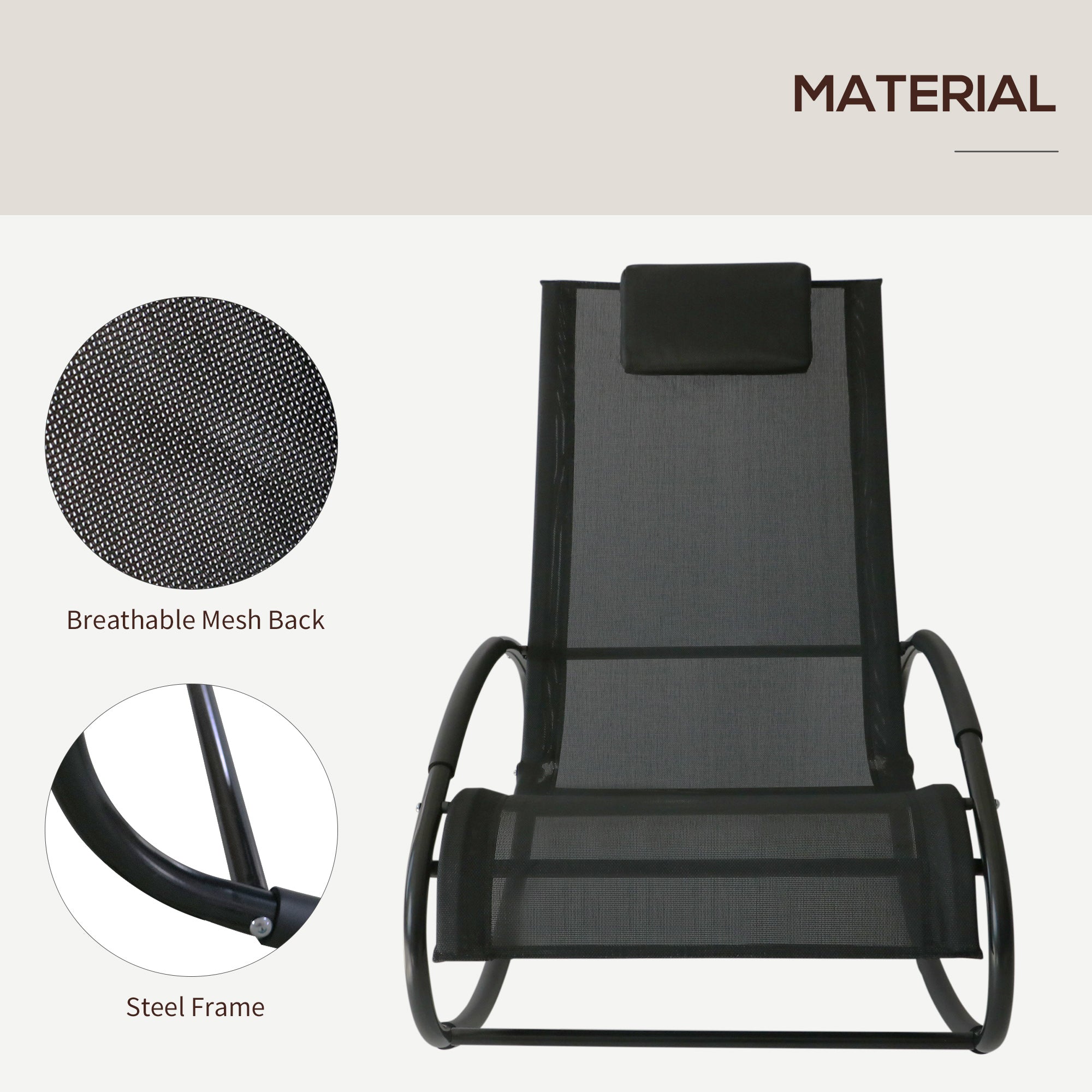 Outsunny Rocking Chair Sun Lounger Recliner Rocker Texteline Fabric Patio Garden Relaxer with Pillow, Black 
