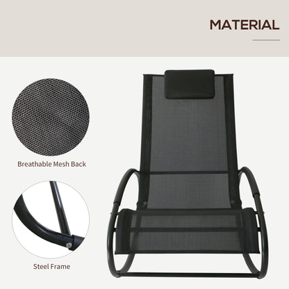 Outsunny Rocking Chair Sun Lounger Recliner Rocker Texteline Fabric Patio Garden Relaxer with Pillow, Black 