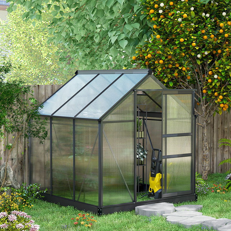 Outsunny 6 x 6ft Polycarbonate Greenhouse, Large Walk-In Green House with Slide Door and Window, Garden Plants Grow House with Aluminium Frame and Foundation, Grey 