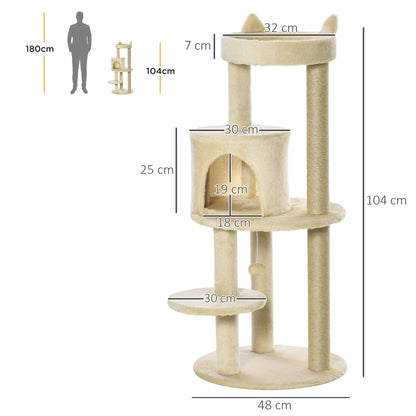 PawHut 104 cm Cat Tree, Cat Condo Tree Tower, Cat Activity Centre with Scratching Posts, Plush Perch, Hanging Ball - Cream White 