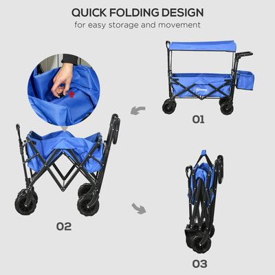 Outsunny Folding Trolley Cart Storage Wagon Beach Trailer 4 Wheels with Handle Overhead Canopy Cart Push Pull for Camping, Blue 