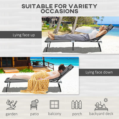 Outsunny Outdoor Foldable Sun Lounger Set of 2, 4 Level Adjustable Backrest Reclining Sun Lounger Chair with Pillow and Reading Hole, Dark Grey 
