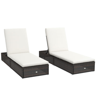 Outsunny Set of Two Rattan Sun Loungers, with Reclining Backs - Brown/Cream 