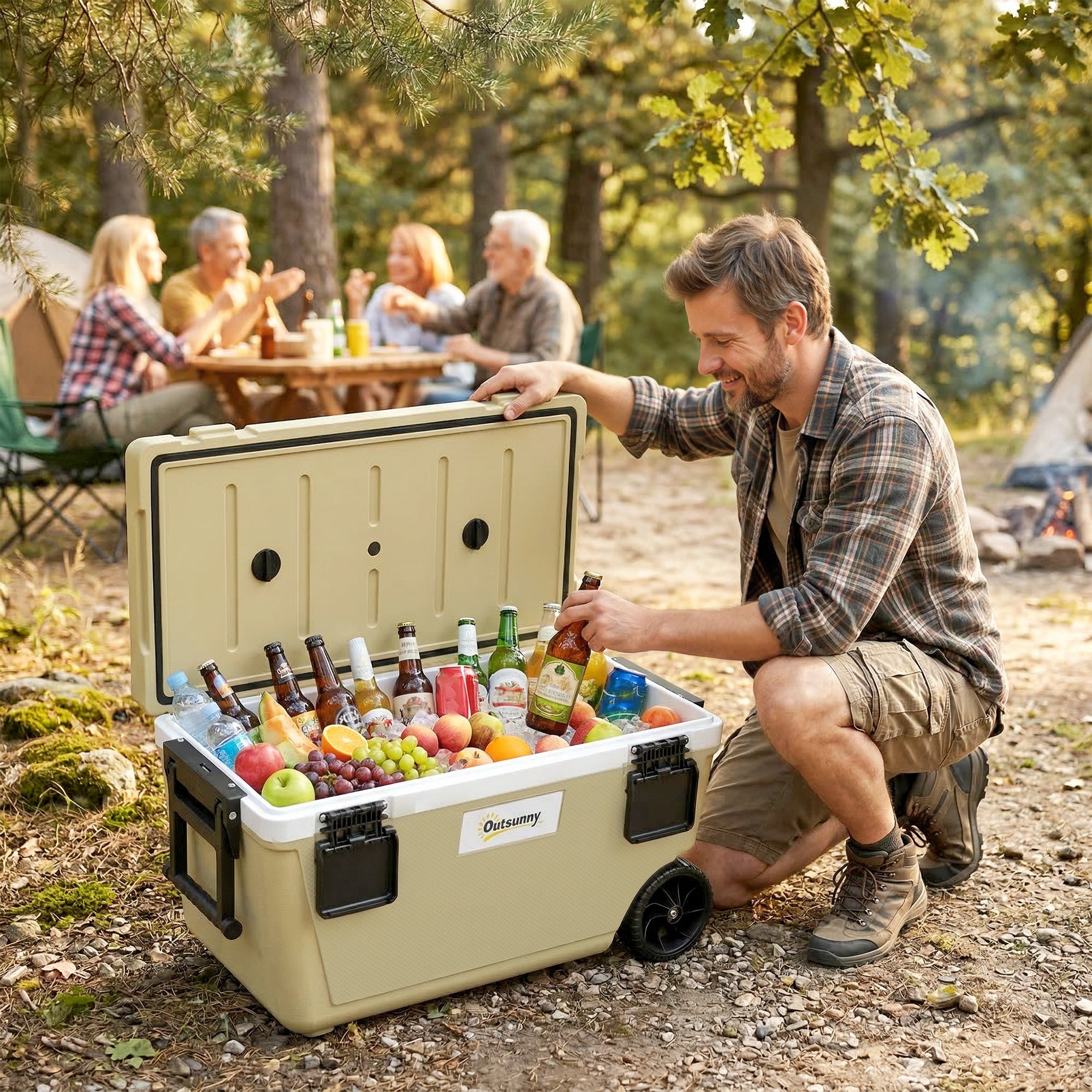 Outsunny 70L Insulated Cool Box with Wheels, Portable Ice Cooler with Handle, Lid and Drain Valve, Khaki 