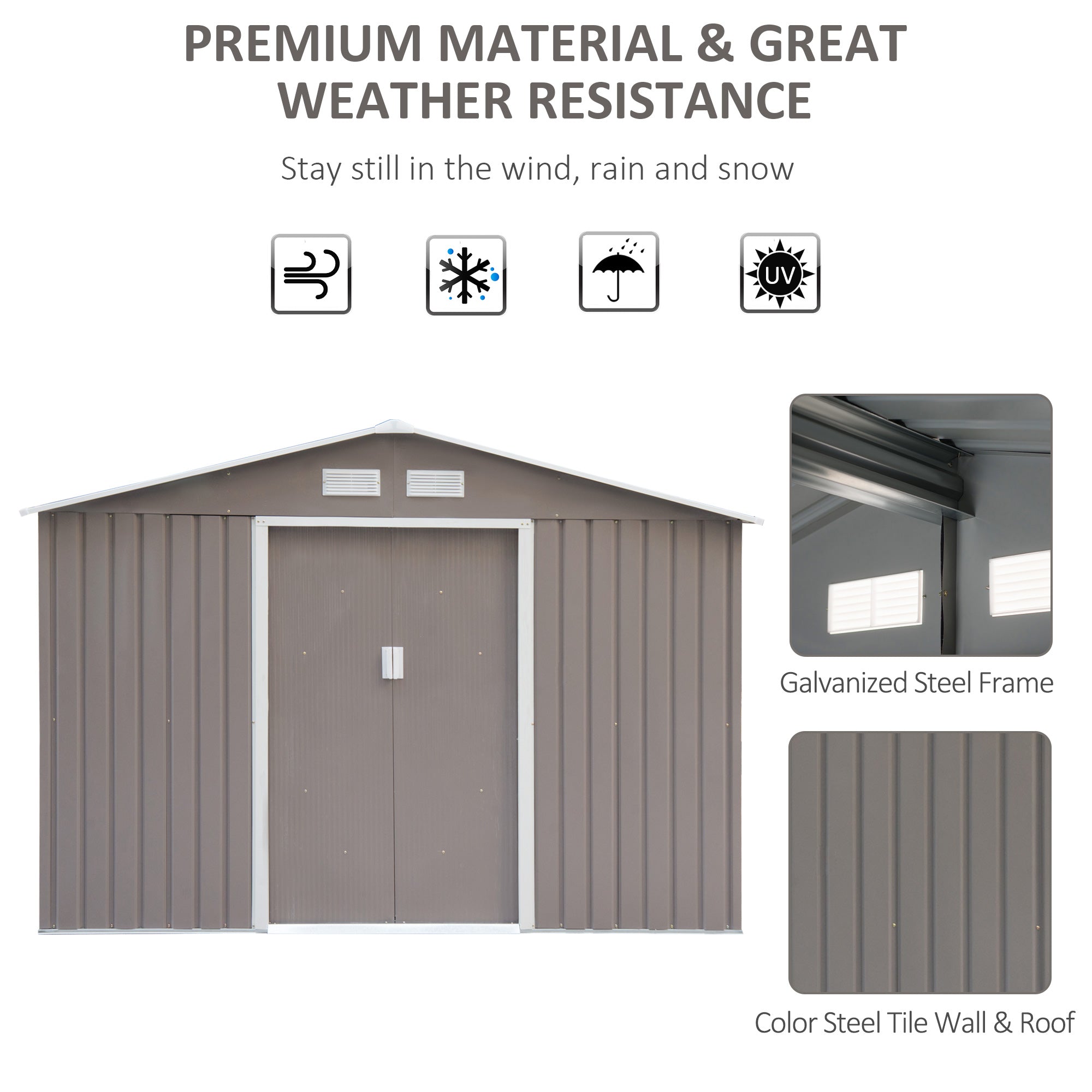 Outsunny 9 x 6FT Outdoor Garden Roofed Metal Storage Shed Tool Box with Foundation Ventilation & Doors Light, Grey 
