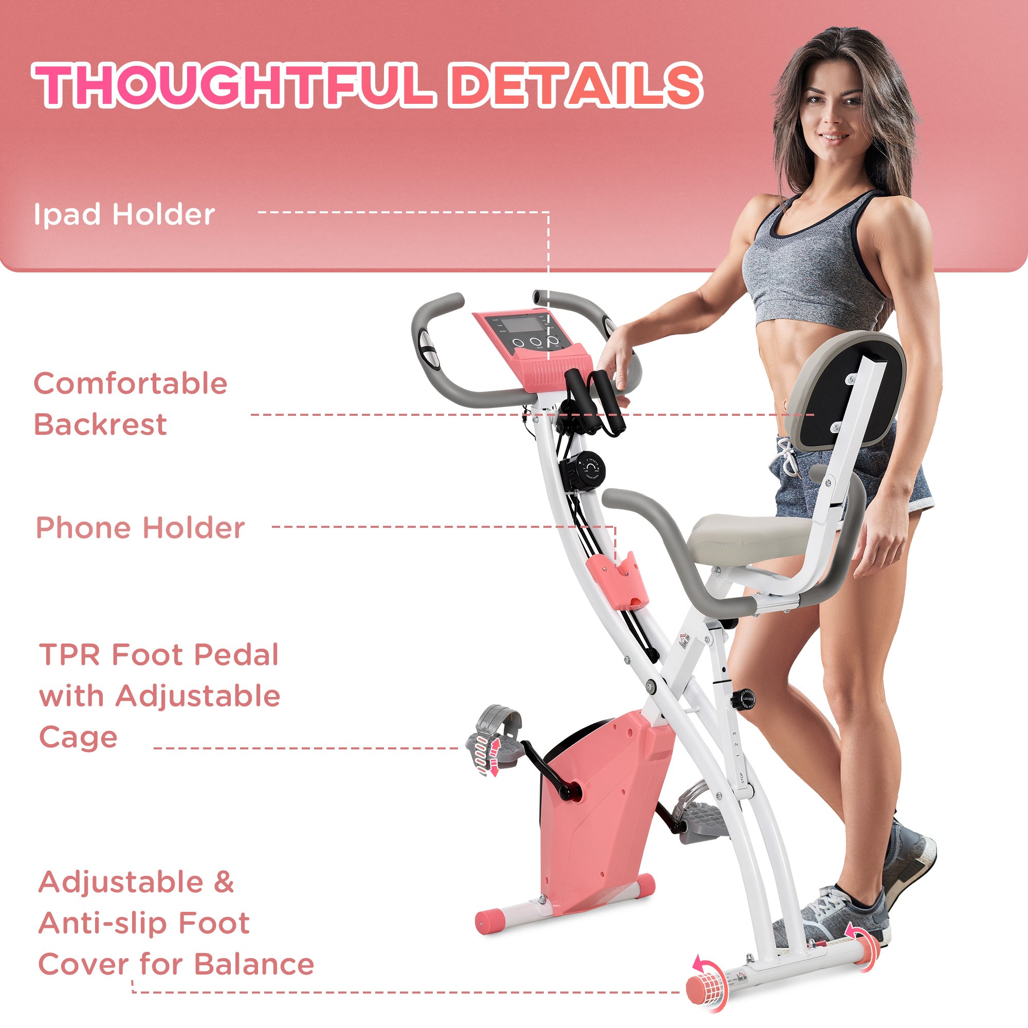HOMCOM 2-in-1 Folding Exercise Bike with 8-Level Magnetic Resistance, Arm Resistance Band, Pulse Sensor, Pink 