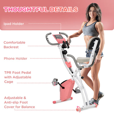 HOMCOM 2-in-1 Folding Exercise Bike with 8-Level Magnetic Resistance, Arm Resistance Band, Pulse Sensor, Pink 