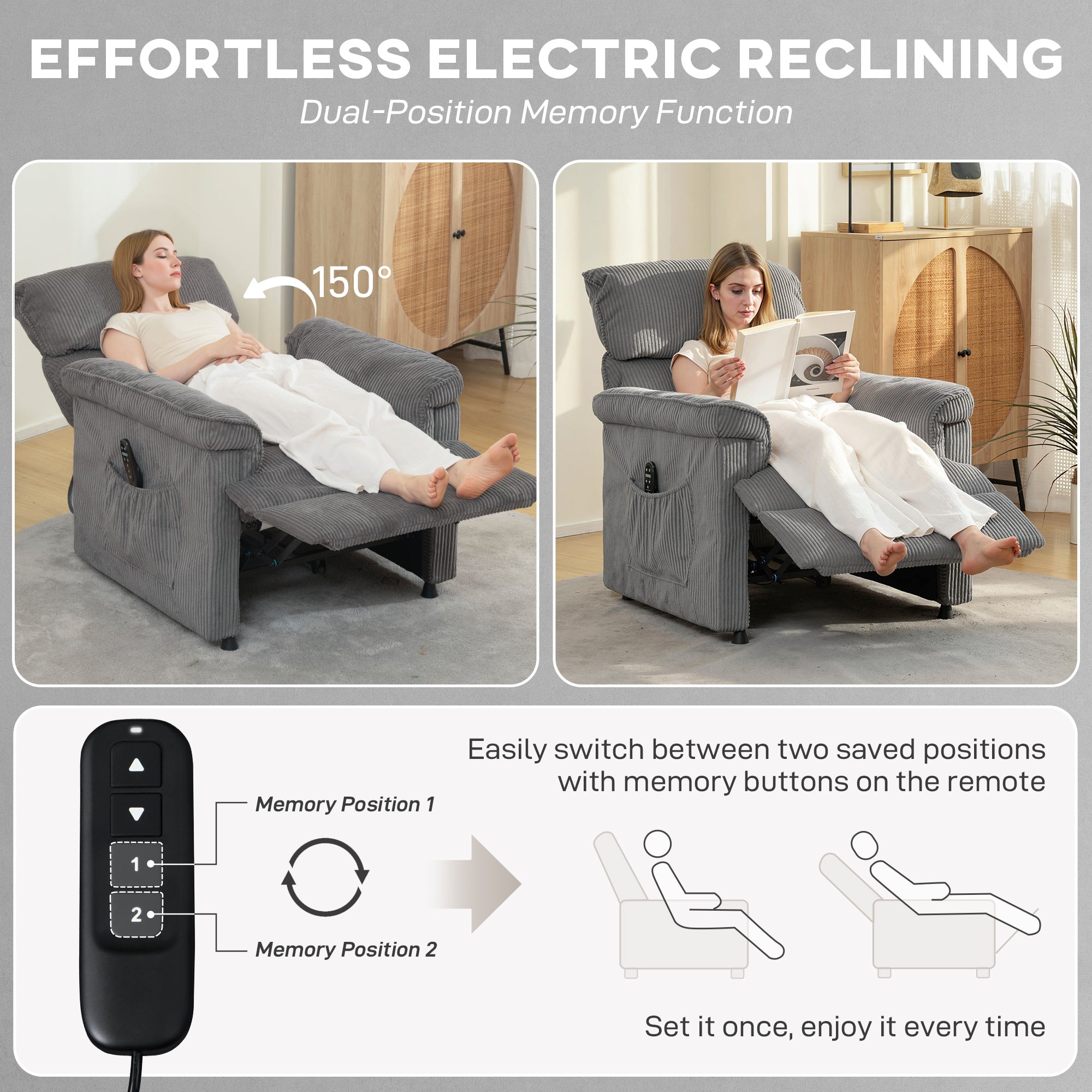 HOMCOM Corduroy Electric Massage Recliner - Grey 