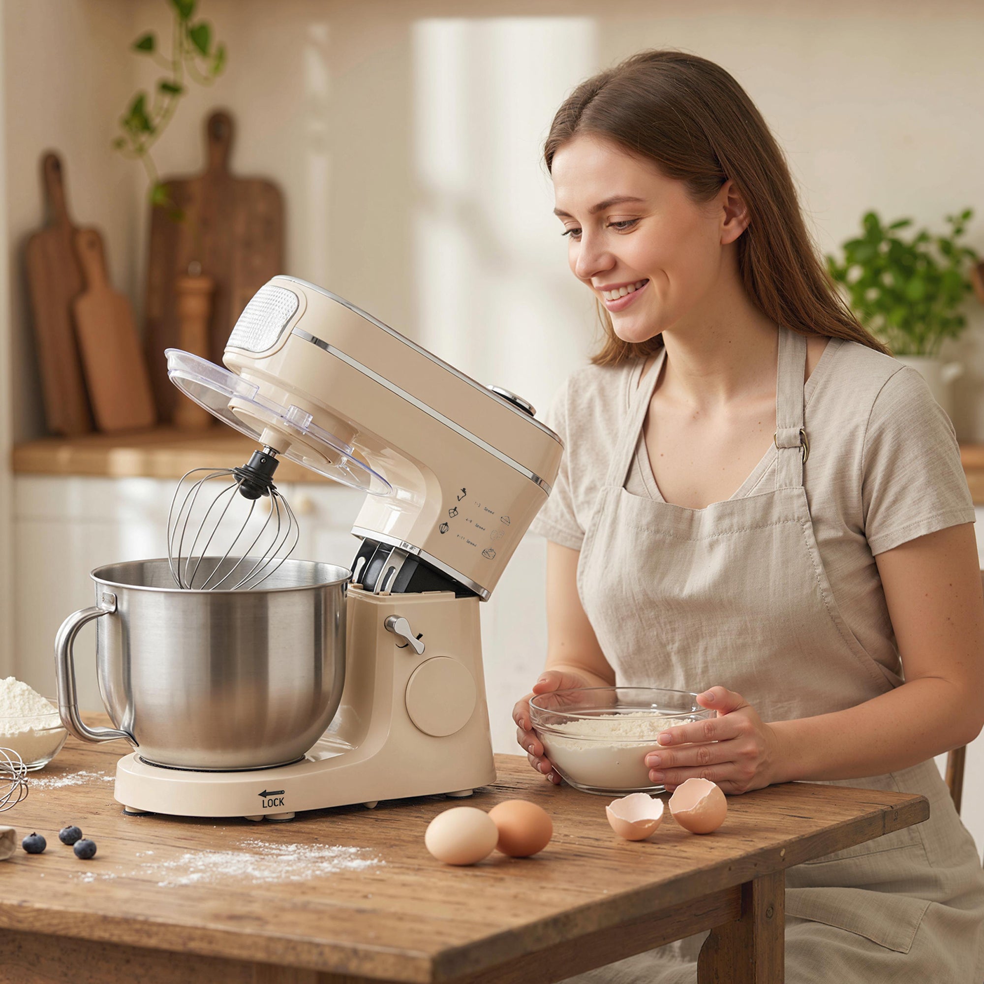 HOMCOM Stand Mixer, 6L 1400W Tilt-Head Food Mixer with 11 Speeds, Pulse & Fermentation Function, LED Display, Cream 