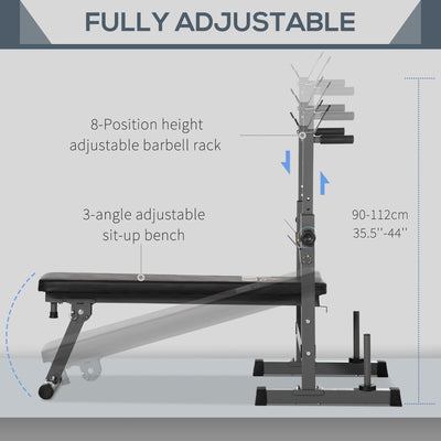 HOMCOM Adjustable Weight Bench, Foldable Bench Press with Barbell Rack and Dip Station for Home Gym, Strength Training Multiuse Workout Bench, Grey 