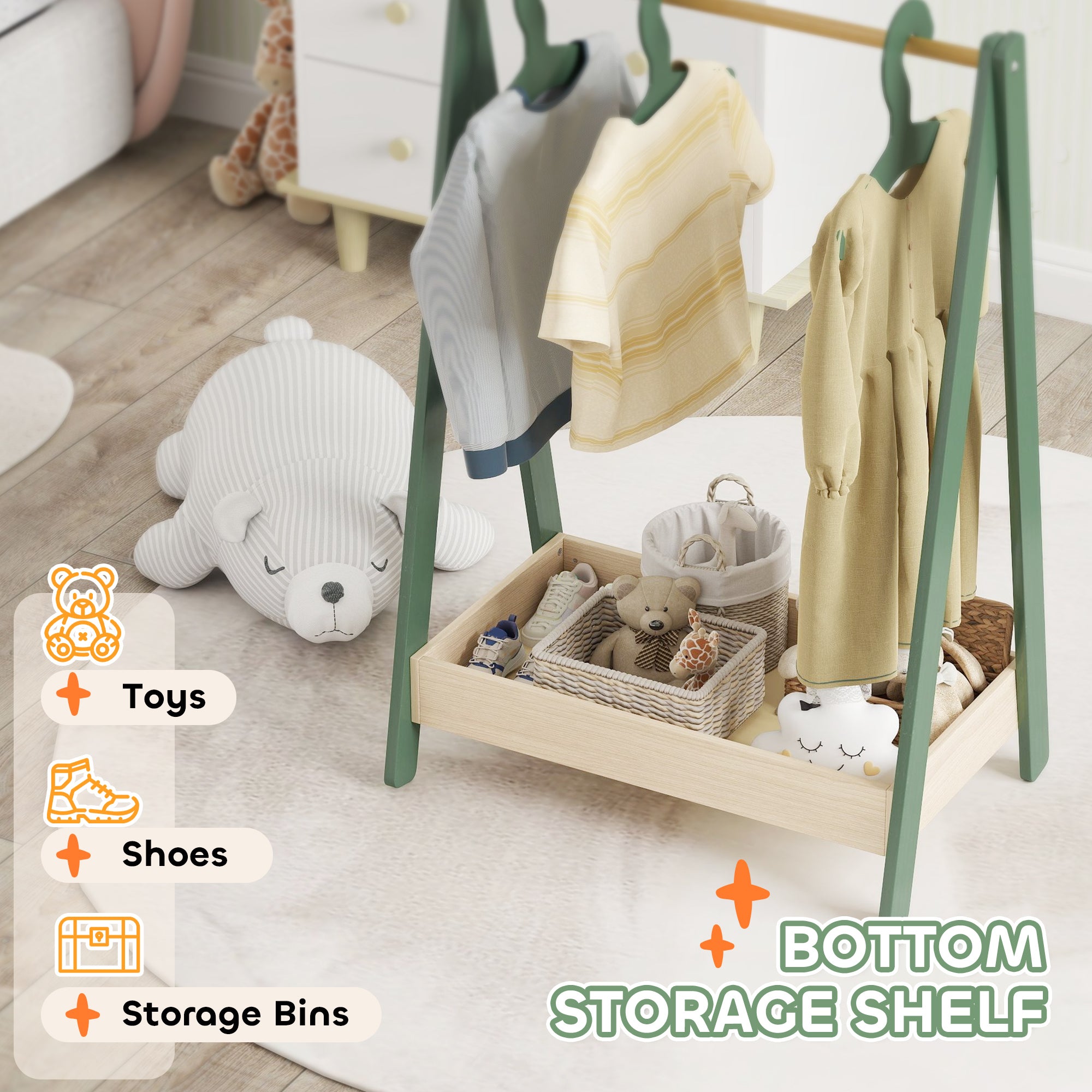 AIYAPLAY Kids Clothes Rail with 3Hangers, Bottom Storage Shelf for Girls, Boys, Nursery, Bedroom, Green 