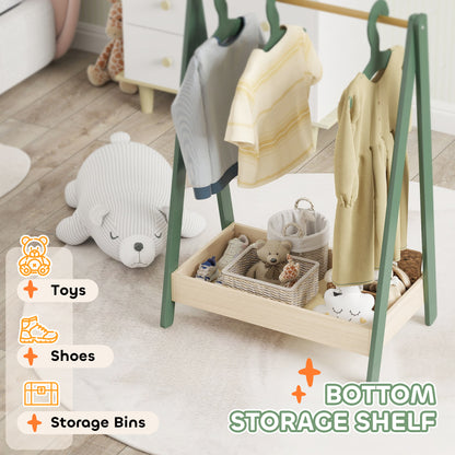 AIYAPLAY Kids Clothes Rail with 3Hangers, Bottom Storage Shelf for Girls, Boys, Nursery, Bedroom, Green 