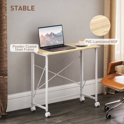 HOMCOM 80 cm Folding Desk on Wheels - Natural Tone 