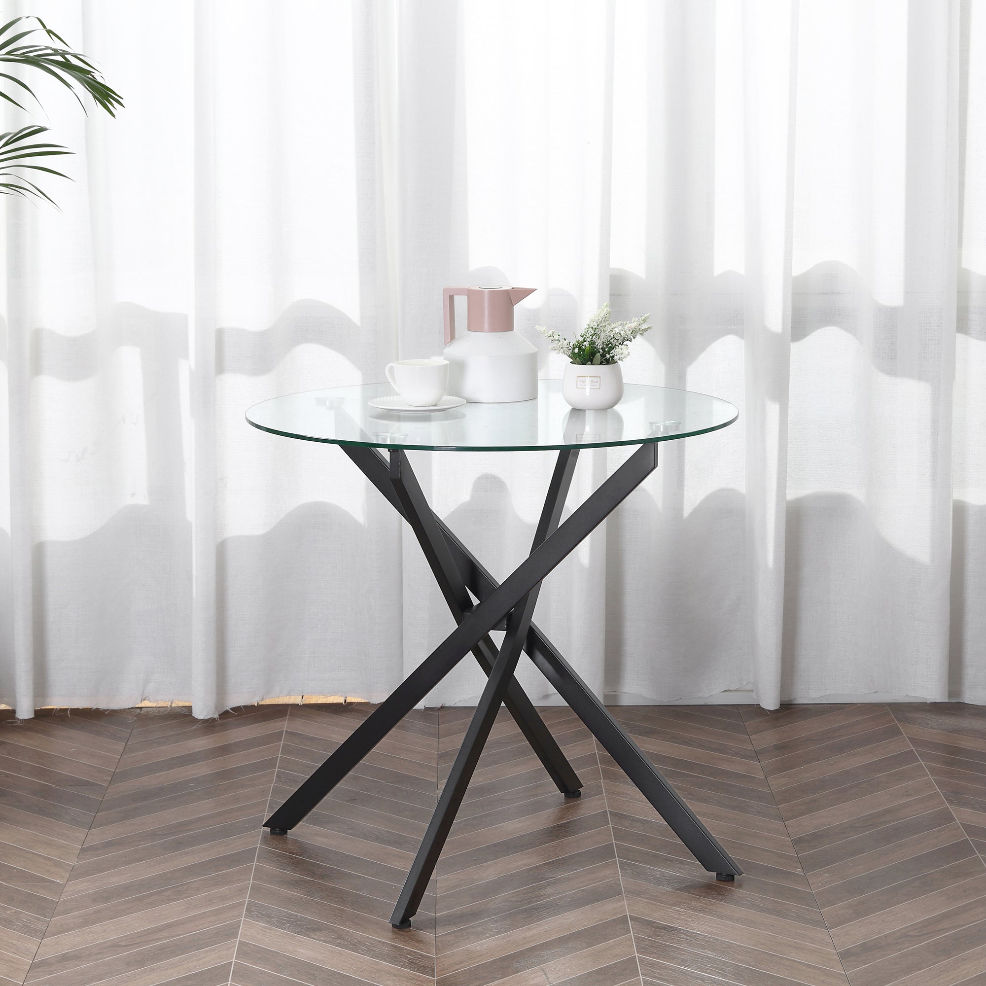 HOMCOM Dining Table with Clear Tempered Glass Top, Round Table with Metal Legs, Modern Kitchen Table for Dining Room Living Room, Black 