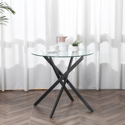 HOMCOM Dining Table with Clear Tempered Glass Top, Round Table with Metal Legs, Modern Kitchen Table for Dining Room Living Room, Black 