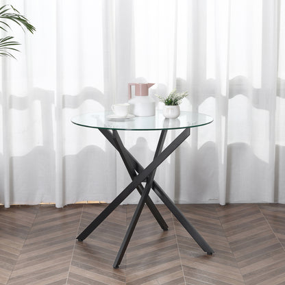 HOMCOM Dining Table with Clear Tempered Glass Top, Round Table with Metal Legs, Modern Kitchen Table for Dining Room Living Room, Black 