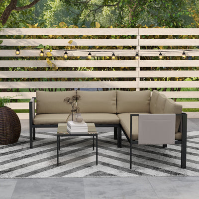 Outsunny 5 Seater Garden Corner Sofa Set, 4 Pieces Metal Garden Furniture Set with Loveseats, Glass Top Coffee Table, Breathable Mesh Pocket, Outdoor Conversation Furniture with Cushions, Khaki 