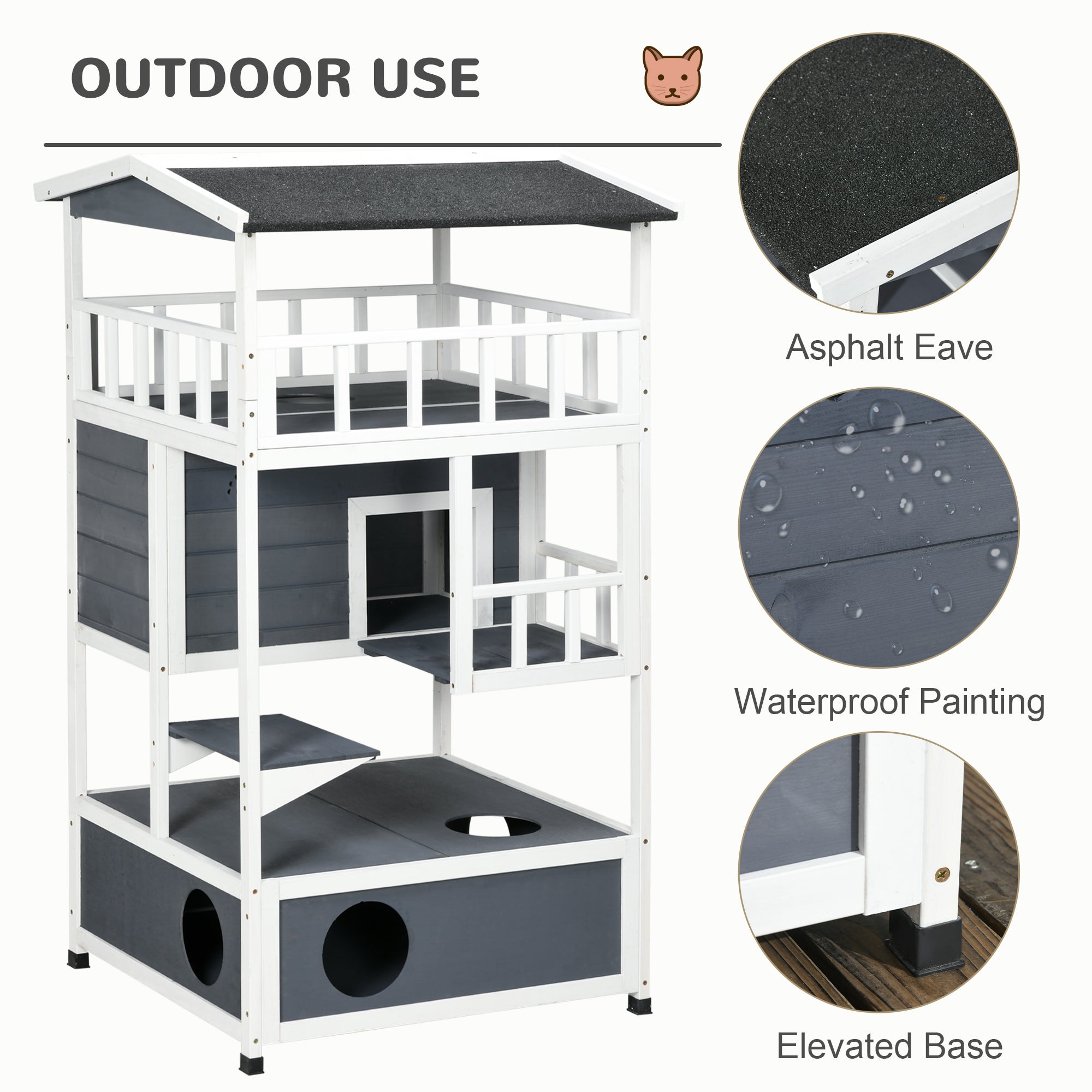 PawHut Wooden Outdoor Cat House 3-Tier for Winter Kitten Shelter Lodge w/ Tilted Roof Terrace Jump Step Bottom Tray Elevated Base Waterproof Paint Grey 