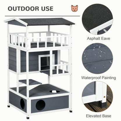 PawHut Wooden Outdoor Cat House 3-Tier for Winter Kitten Shelter Lodge w/ Tilted Roof Terrace Jump Step Bottom Tray Elevated Base Waterproof Paint Grey 