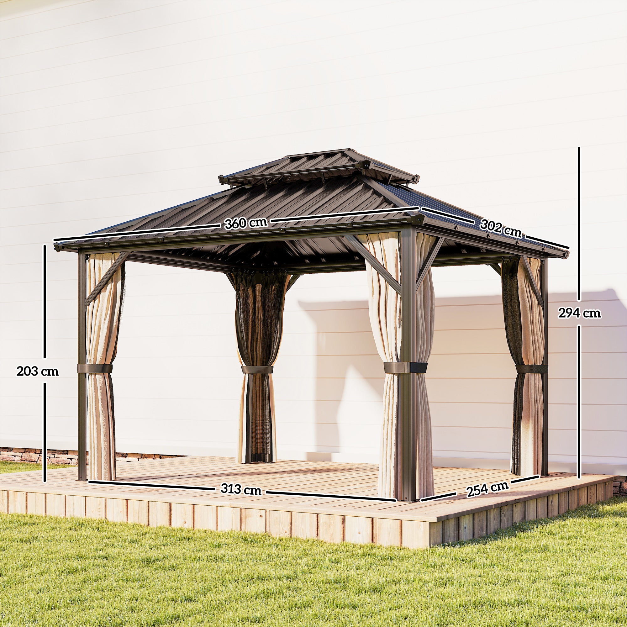 Outsunny 3x3.6 m Hardtop Gazebo Canopy with UPF50+ Double Galvanised Steel Roof, Aluminium Garden Gazebo Permanent Pavilion, Brown 