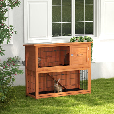 PawHut Two-Tier Antiseptic Wood Rabbit Hutch, 102cm Guinea Pig Hutch with Run - Orange 