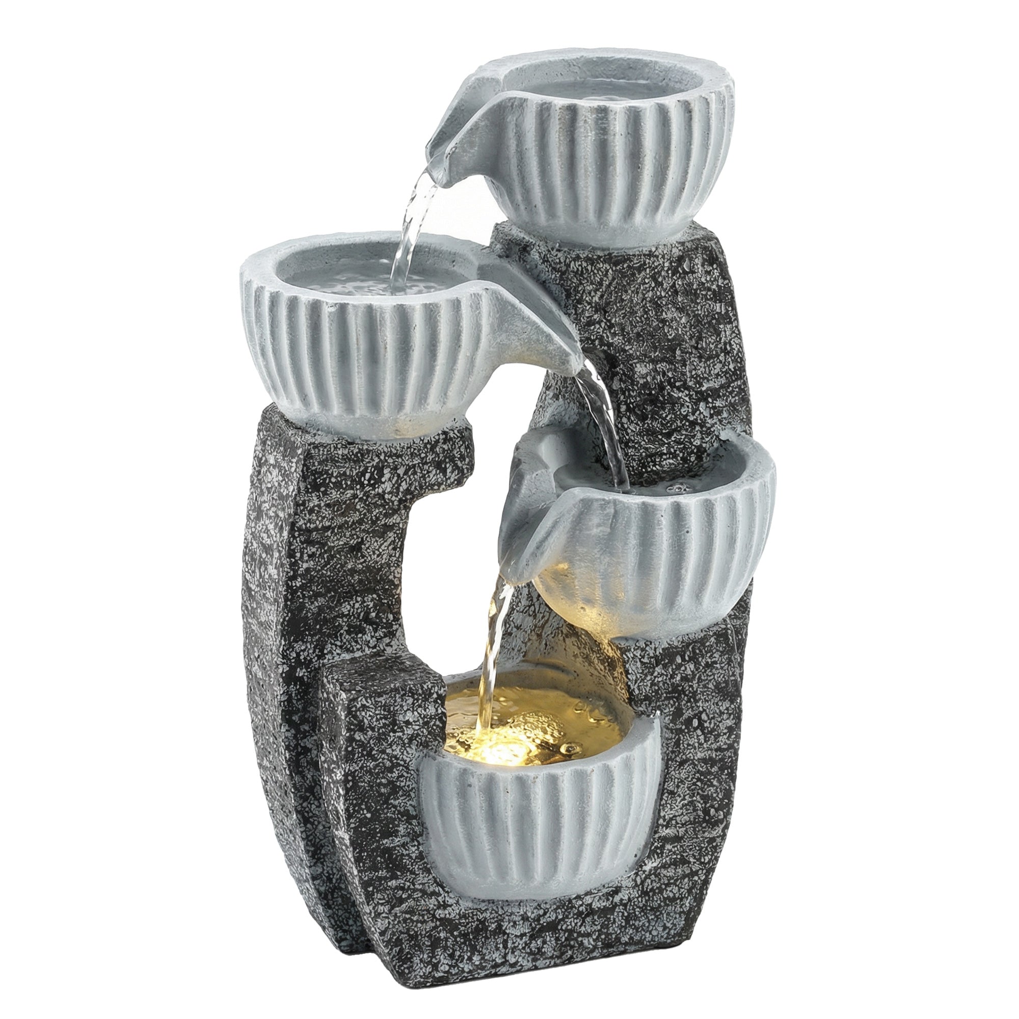Outsunny 4-Tier Bowl Water Feature, Indoor Outdoor Garden Water Fountain with Pump and LED Lights, Resin Cascading Waterfall 