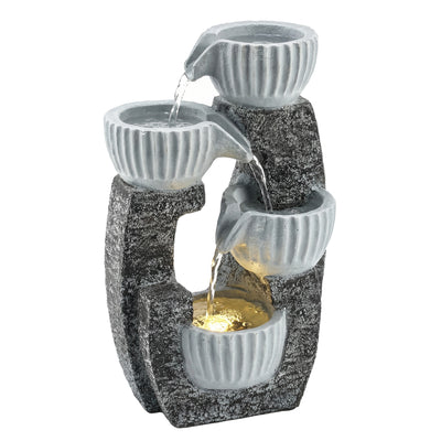 Outsunny 4-Tier Bowl Water Feature, Indoor Outdoor Garden Water Fountain with Pump and LED Lights, Resin Cascading Waterfall 