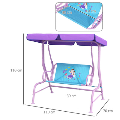 Outsunny Two Seater Kids Garden Swing, Fairy Themed kids Swing Chair with Adjustable Canopy, Safety Belts for Outdoor Use 