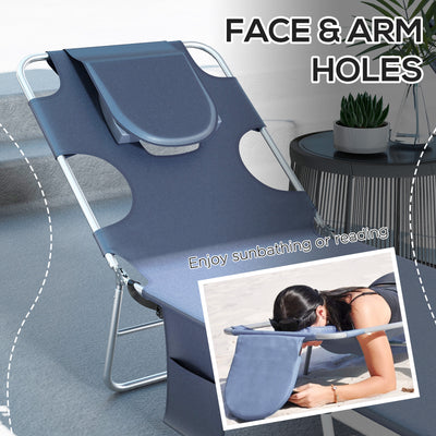 Outsunny Foldable Sun Lounger Set of 2 with Reading Hole, Portable Sun Lounger with 5 Level Adjustable Backrest, Reclining Lounge Chair with Side Pocket, Headrest Pillow, Grey 