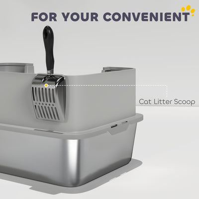 PawHut High Sided Stainless Steel Litter Box, Metal Cat Litter Tray with Metal Scoop, Litter Mat, Never Absorbs Odors, Grey 