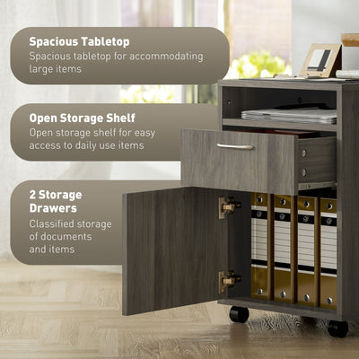 HOMCOM 60cm Filing Cabinet with Drawer, Open Shelf, Metal Handles and 4 Wheels, Office Home Organiser Mobile Printer, Grey 