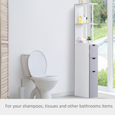 HOMCOM Tall Bathroom Cabinet, Freestanding Bathroom Storage Cabinet with 2-Tier Shelf and Drawers, Narrow Cupboard Storage Unit, White, Grey 