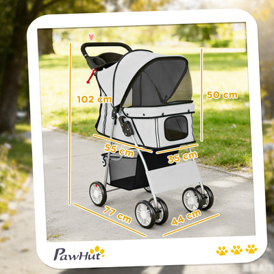 PawHut Dog Pram, Pet Stroller with Reflective Strips, Foldable Cat Stroller with 360° Swivel Wheels, Grey 