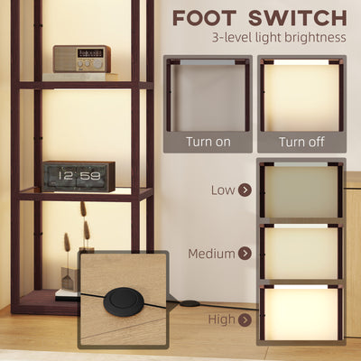 HOMCOM LED Floor Lamp with Glass Shelves, 4 Layers Dimmable Tall Standing Lamp, Modern Column Shelf Floor Light for Living Room, Bedroom, Office, Dark Brown 