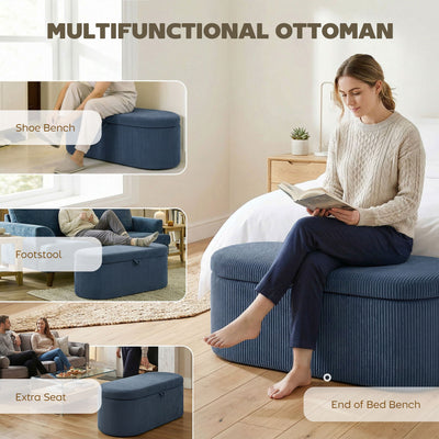 HOMCOM Storage Ottoman, Corduroy Upholstered Ottoman Storage Box with Padded Seat, 105 x 51 x 49 cm, Blue 