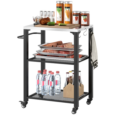 Outsunny Three-Shelf Outdoor Grill Cart with Stainless Steel Top, Outdoor Kitchen Island with 4 Wheels, 3 Hooks, Movable Food Prep Pizza Oven Table for Kitchen, Patio, Garden, 65.5 x 41 x 79 cm 