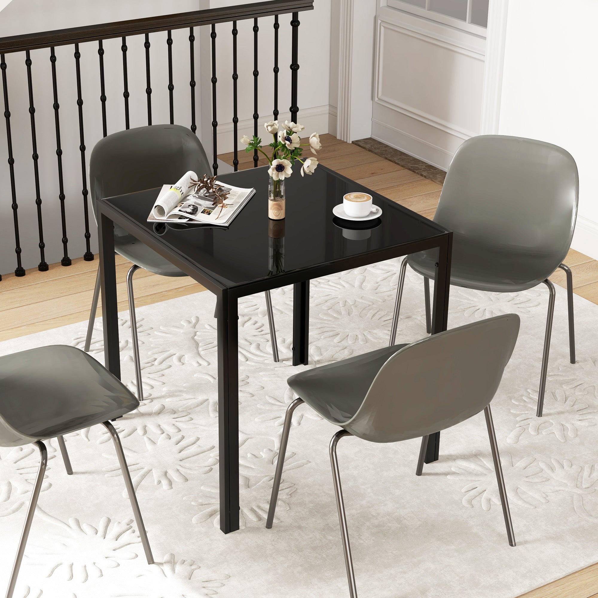 HOMCOM Modern Square Dining Table for 2-4 People, with Glass Top & Metal Legs, Black 