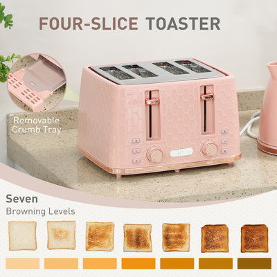 HOMCOM Kettle and Toaster Set, 1.7L 3000W Fast Boil Jug Kettle, 4 Slice Toaster with 7 Level Browning Controls, Light Pink 