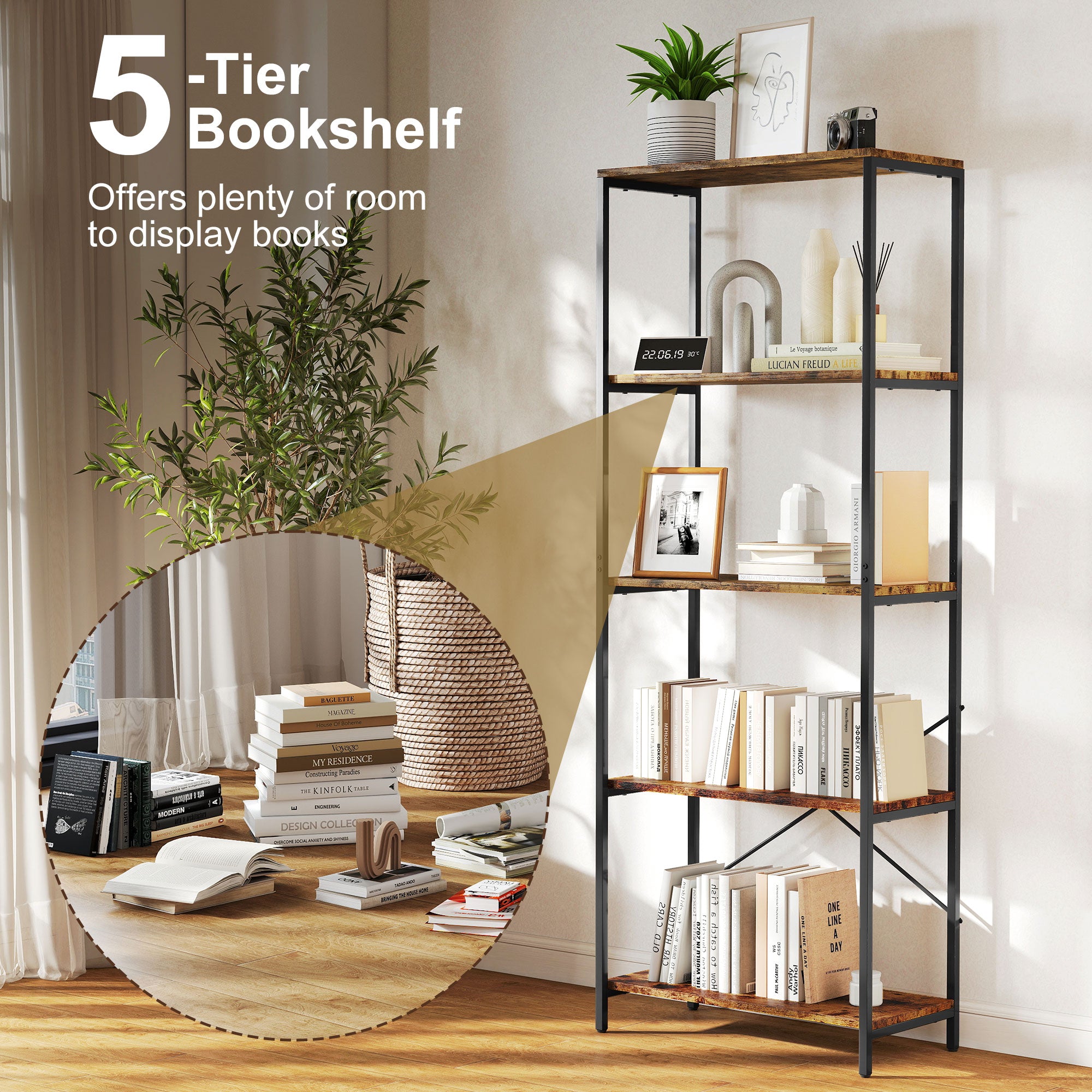 HOMCOM 5-Tier Bookshelf, Industrial Bookcase with Metal Frame - Rustic Brown and Black 