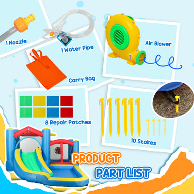 AIYAPLAY Inflatable Bouncy Castle with 550W Blower, Basketball Hoop, Long Slide, Dart Board, Carrying Bag, 385 x 290 x 180 cm 