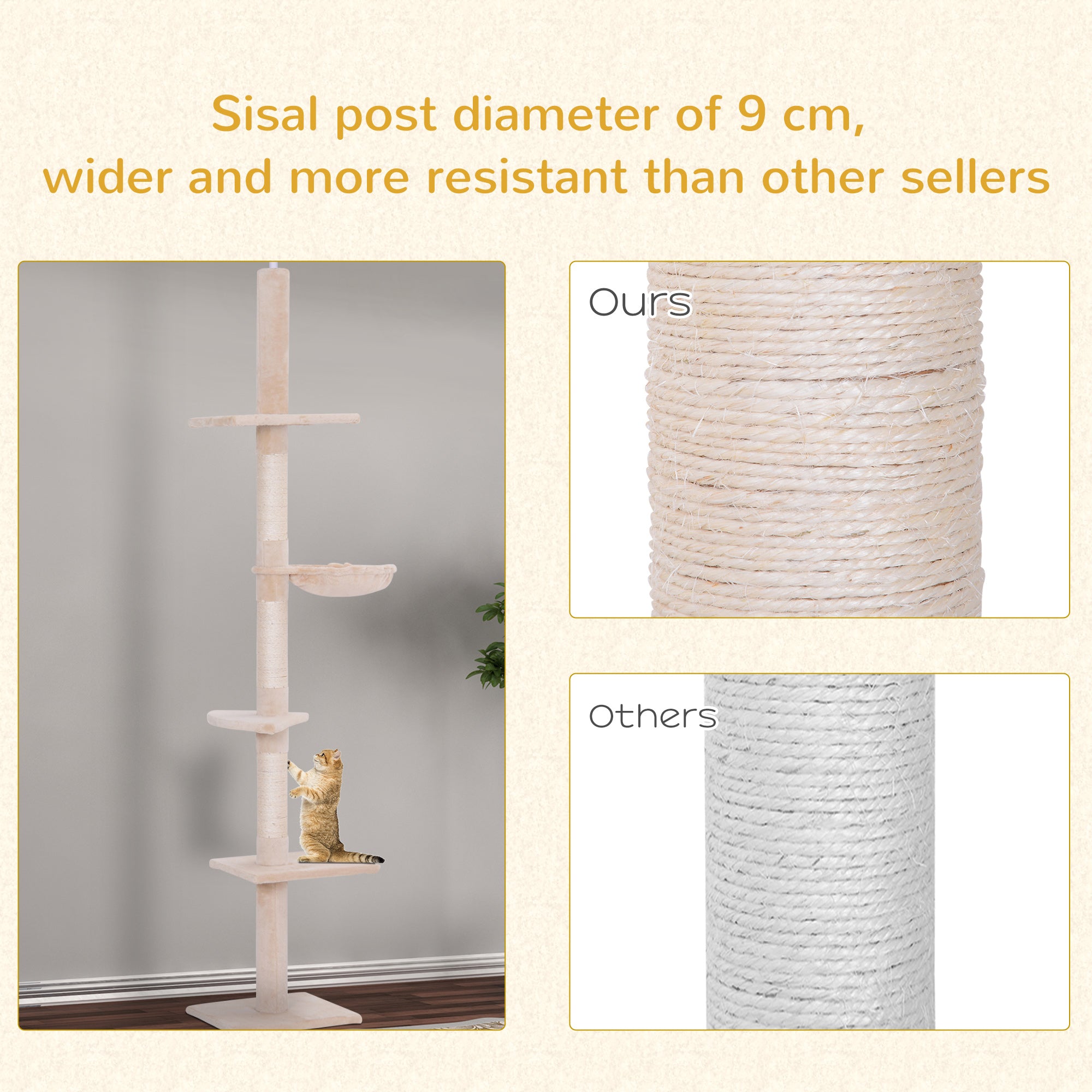 PawHut Floor to Ceiling Cat Tree for Indoor Cats 5-Tier Kitty Tower Climbing Activity Center Scratching Post Adjustable Height 230-260 cm Beige 