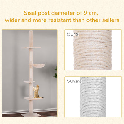 PawHut Floor to Ceiling Cat Tree for Indoor Cats 5-Tier Kitty Tower Climbing Activity Center Scratching Post Adjustable Height 230-260 cm Beige 