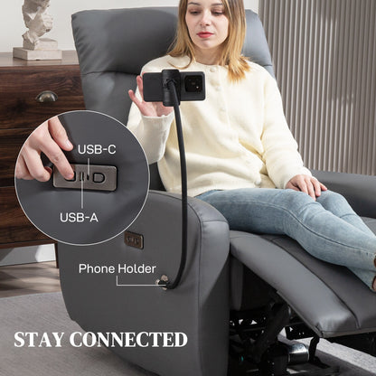 HOMCOM Electric Recliner Armchair with USB + Type C Charge Port, Phone Holder, PU Leather Reclining Chair with Adjustable Leg Rest, Recliner Chair for Home Living Room Theater, Grey 