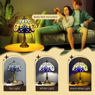 HOMCOM Stained Glass Table Lamp, Handmade Antique Bedside Lamp for Bedroom, Living room, Home, Nightstand, Decorative Night Light, Blue 